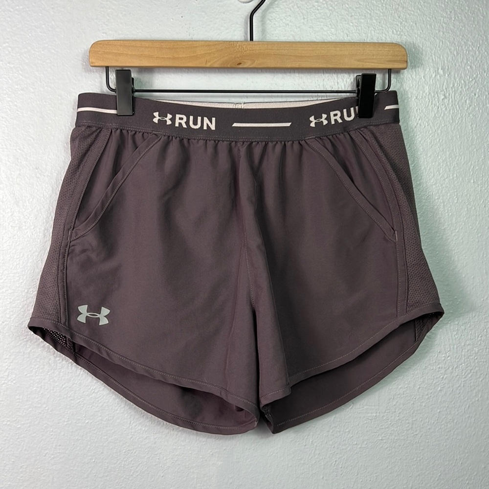 Under Armour Fly By Graphic Waistband Loose Gray Taupe Running Shorts Small